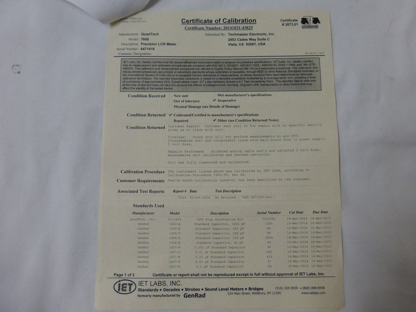 Quadtech 7600 10 Hz 2 MHz Precision LCR Meter CALIBRATED! 4284A Spaulding Surplus